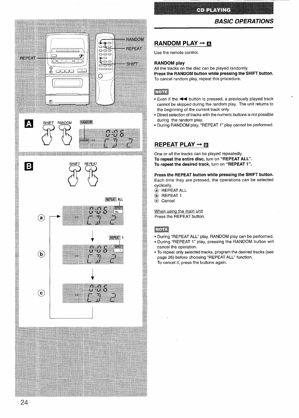 Random play h, Random play, Repeat play m | Basic operations random play h | Aiwa LCX-301 User Manual | Page 24 / 44