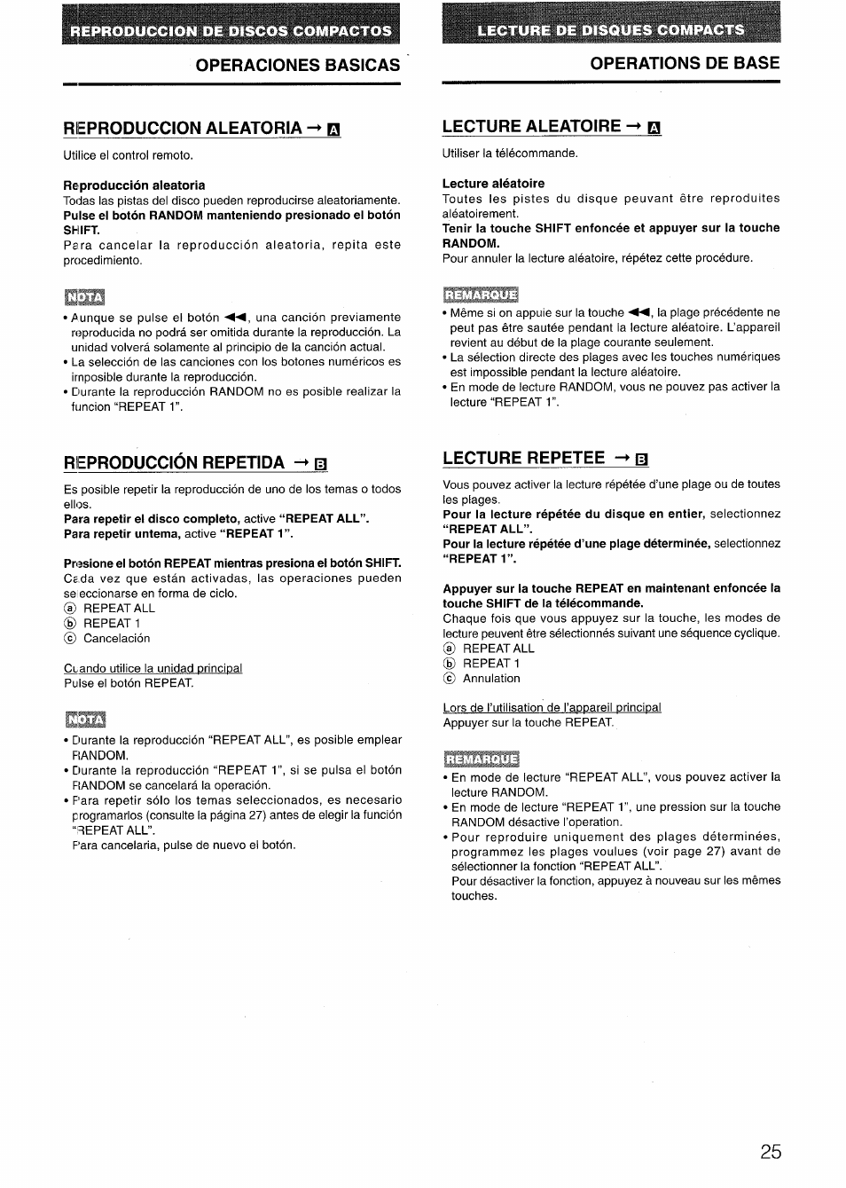 Operaciones basicas, Operations de base, Reproduccion aleatoria h | Lecture aleatoire h, Reproducción aleatoria, Lecture aléatoire, Reproduccion repetida m, Lecture repetee a, Operations de base reproduccion aleatoria h | Aiwa LCX-301 User Manual | Page 25 / 44