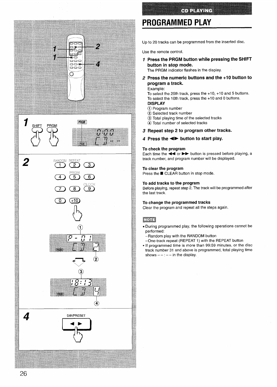 Programmed play, 3 repeat step 2 to program other tracks, 4 press the button to start play | To check the program, To clear the program, To add tracks to the program, To change the programmed tracks | Aiwa LCX-301 User Manual | Page 26 / 44