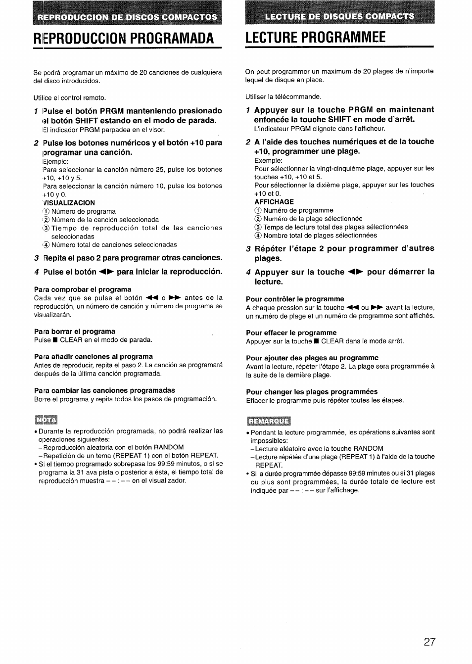 Reproduccion programada lecture programmee, Visualizacion, Pa ra comprobar el programa | Pa ra borrar el programa, Para añadir canciones al programa, Para cambiar las canciones programadas, Affichage, Pour contrôler le programme, Pour effacer le programme, Pour ajouter des plages au programme | Aiwa LCX-301 User Manual | Page 27 / 44