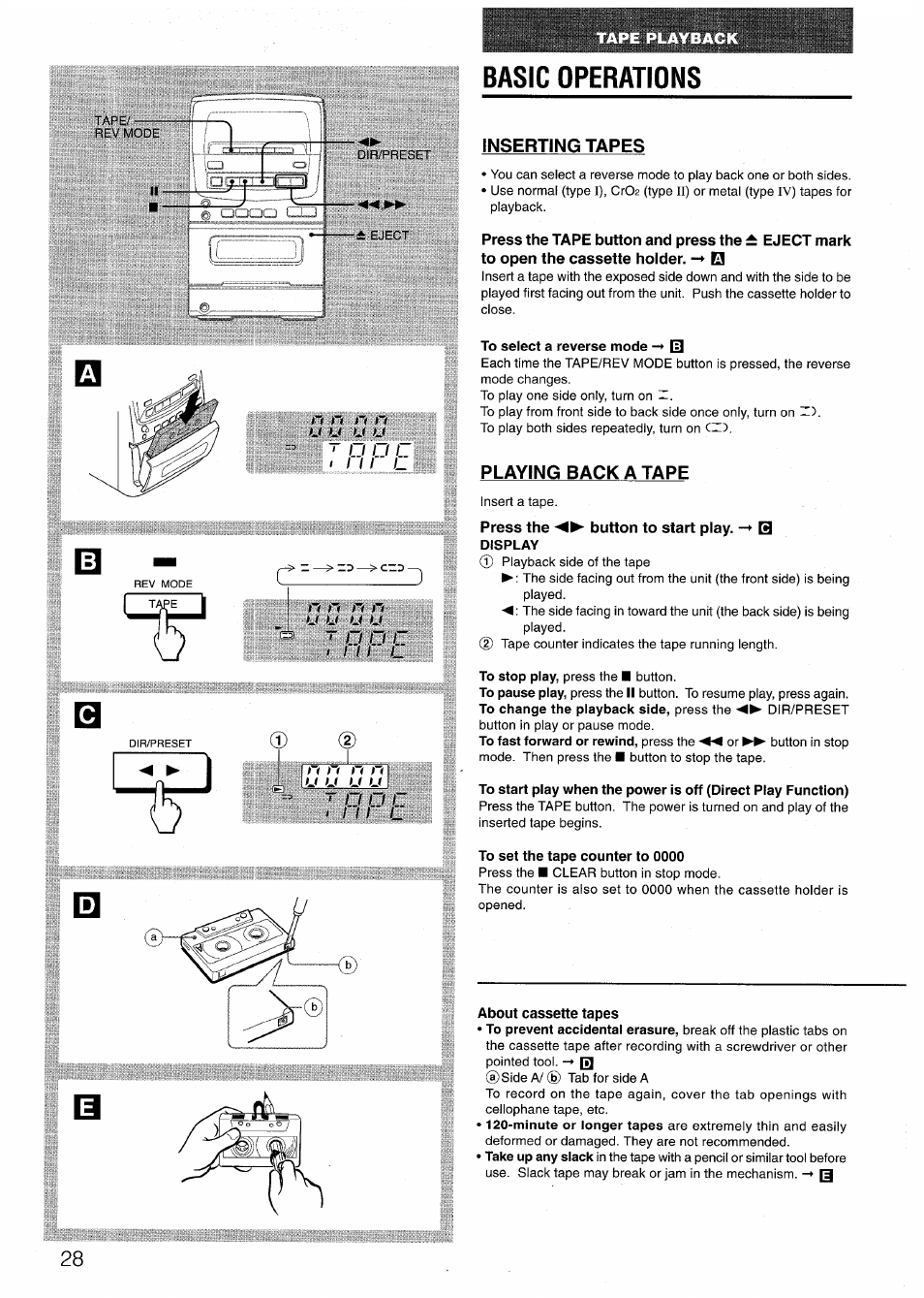 Basic operations, Inserting tapes, Playing back a tape | Press the button to start play. -* q, About cassette tapes, Izz) | Aiwa LCX-301 User Manual | Page 28 / 44
