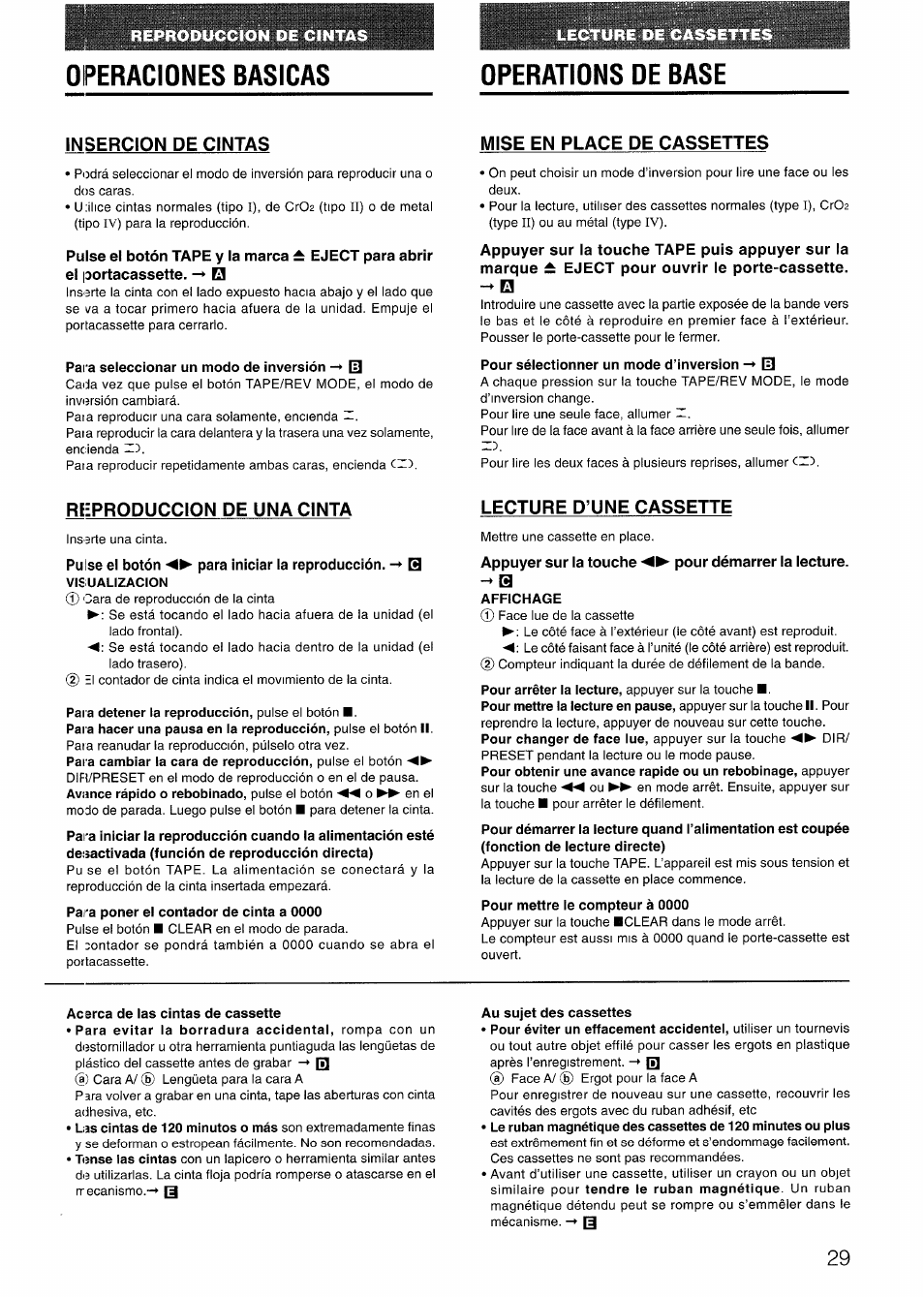 Operaciones basicas, Operations de base, Insercion de cintas | Mise en place de cassettes, Reproduccion de una cinta, Pulse el botón para iniciar la reproducción, -r q, Lecture d’une cassette, Appuyer sur la touche pour démarrer la lecture | Aiwa LCX-301 User Manual | Page 29 / 44