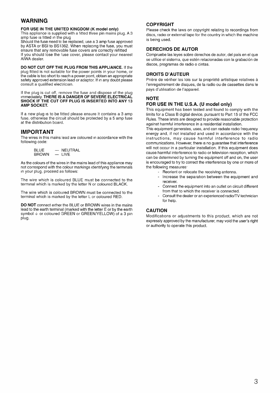 Warning, Important, Copyright | Derechos de autor, Droits d’auteur, Note, For use in the u.s.a. (u model only), Caution | Aiwa LCX-301 User Manual | Page 3 / 44