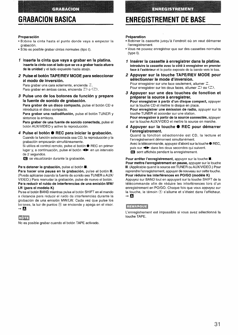 Enregistrement de base, Grabacion basica | Aiwa LCX-301 User Manual | Page 31 / 44