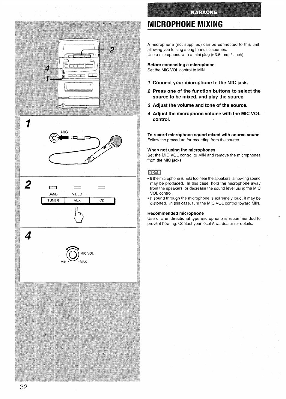 Microphone mixing, Before connecting a microphone, 1 connect your microphone to the mic jack | 3 adjust the volume and tone of the source, To record microphone sound mixed with source sound, When not using the microphones, Recommended microphone | Aiwa LCX-301 User Manual | Page 32 / 44