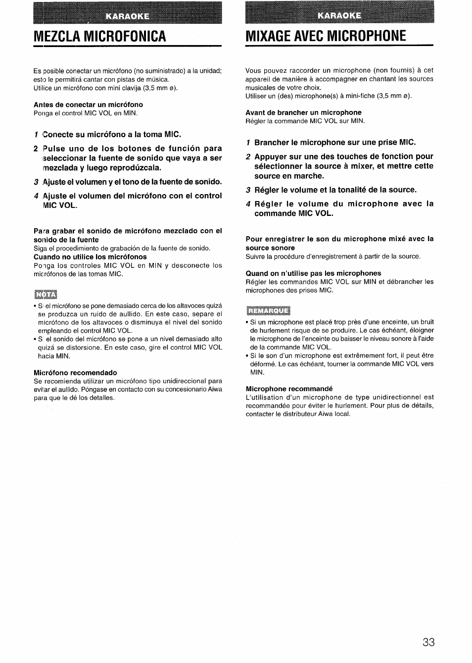 Mixage avec microphone, Antes de conectar un micrófono, Avant de brancher un microphone | Micrófono recomendado, Quand on n’utilise pas les microphones, Microphone recommandé, Mezcla microfonica | Aiwa LCX-301 User Manual | Page 33 / 44