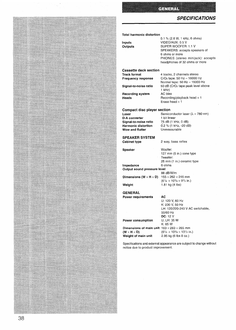 Compact disc player section, Speaker system, Specifications | Aiwa LCX-301 User Manual | Page 38 / 44