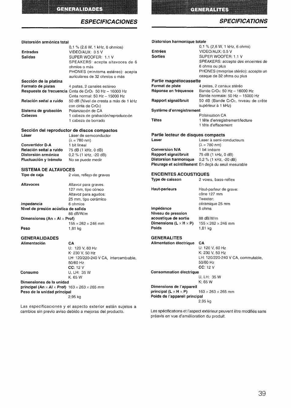 Sección del reproductor de discos compactos, Sistema de altavoces, Generalidades | Partie iecteur de disques compacts, Enceintes acoustiques, Generalites, Especificaciones specifications | Aiwa LCX-301 User Manual | Page 39 / 44