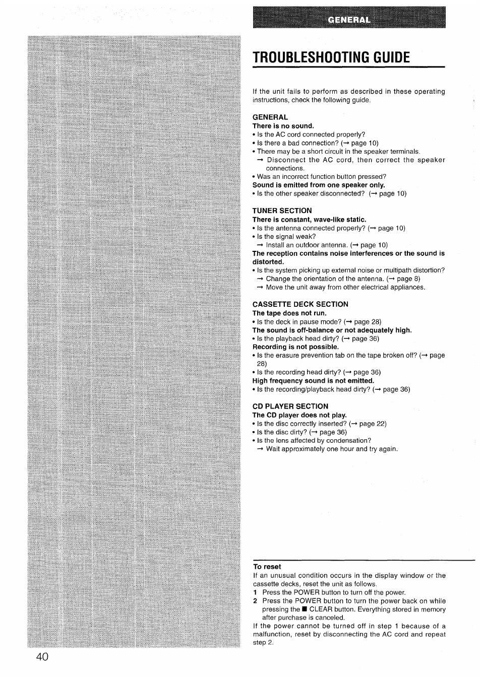 Troubleshooting guide, General there is no sound, Tuner section | Cassette deck section the tape does not run, Cd player section the cd player does not play, To reset | Aiwa LCX-301 User Manual | Page 40 / 44