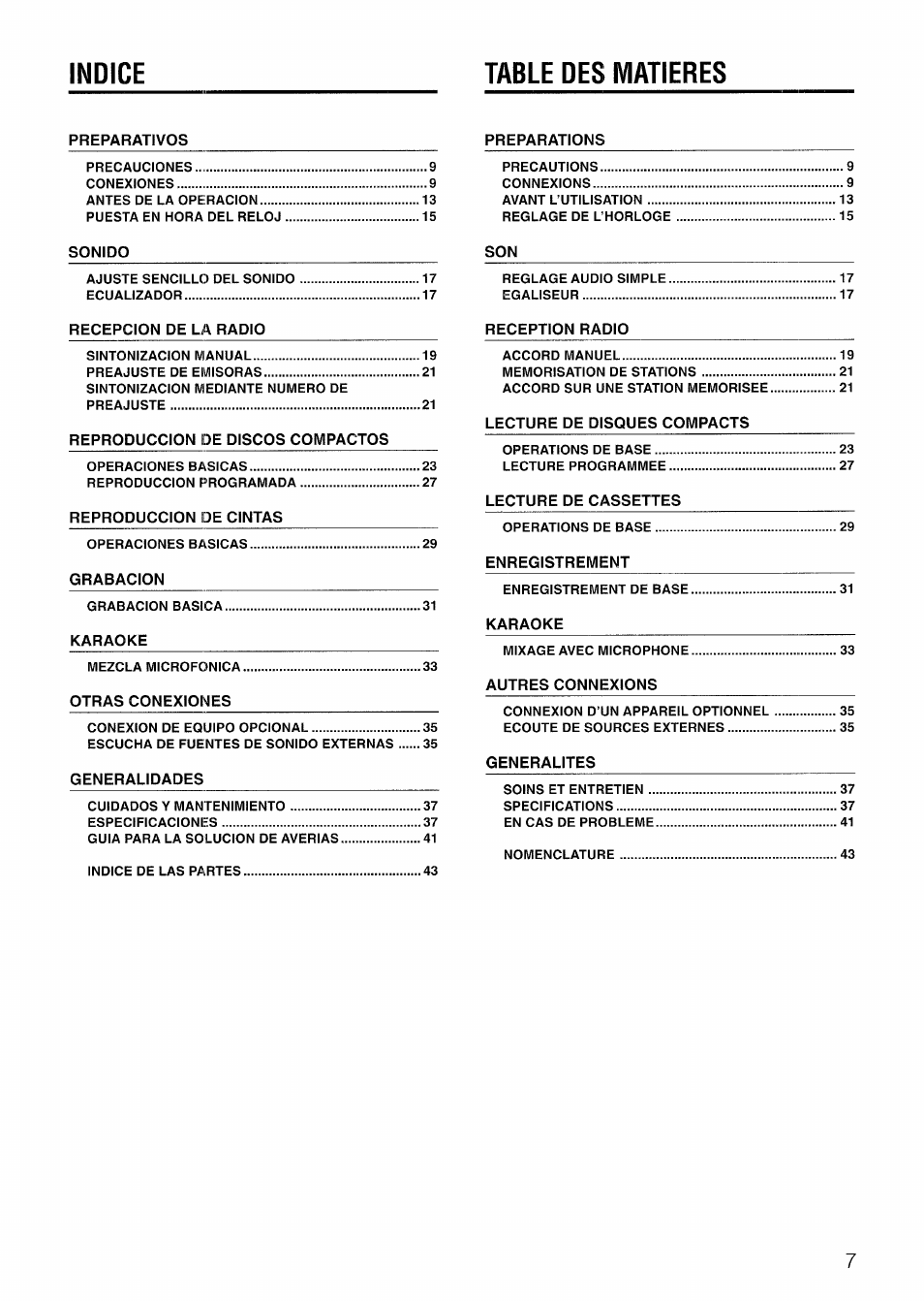 Table des matieres, Indice table des matieres | Aiwa LCX-301 User Manual | Page 7 / 44