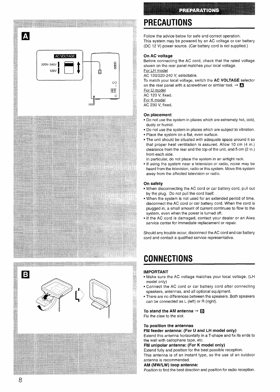 Precautions, On ac voltage, On placement | On safety, Connections, Important, To stand the am antenna, To position the antennas, Precautions connections | Aiwa LCX-301 User Manual | Page 8 / 44