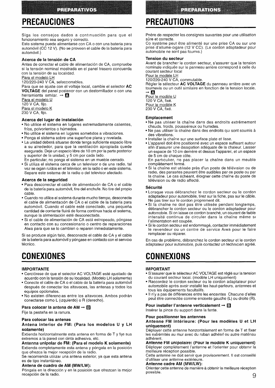 Precauciones, Acerca de la tensión de ca, Importante | Para colocar las antenas, Precautions, Tension du secteur, Emplacement, Sécurité, Connexions, Conexiones | Aiwa LCX-301 User Manual | Page 9 / 44