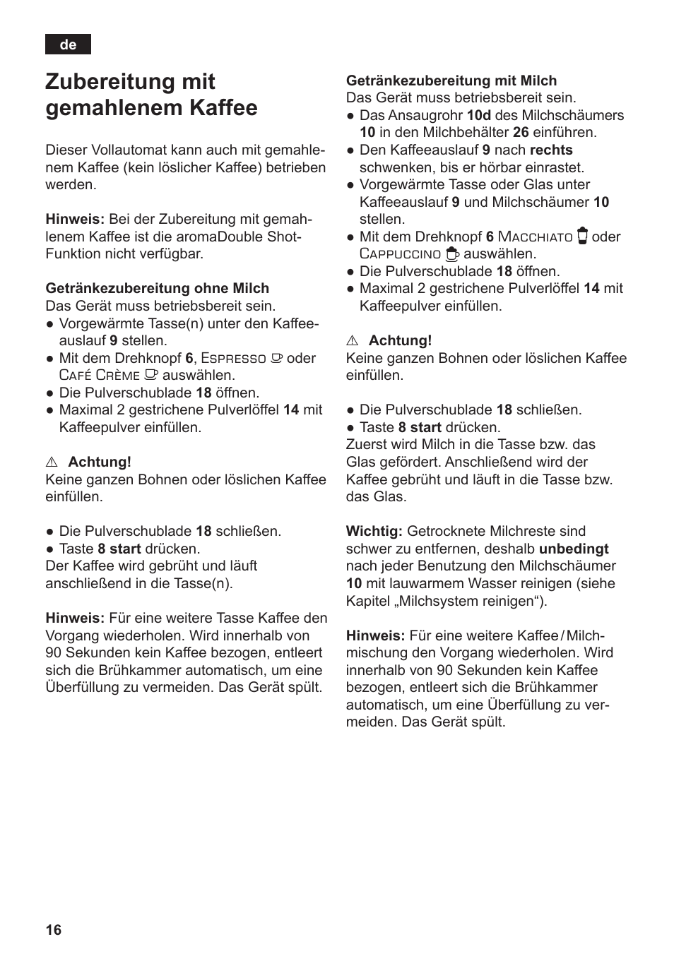 Zubereitung mit gemahlenem kaffee | Siemens TE806501DE User Manual | Page 20 / 116