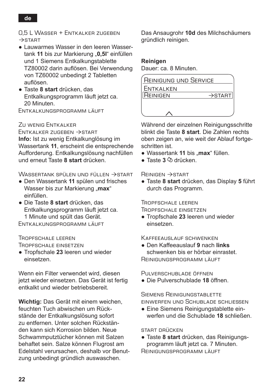 Reinigung und service entkalken reinigen, Start | Siemens TE806501DE User Manual | Page 26 / 116
