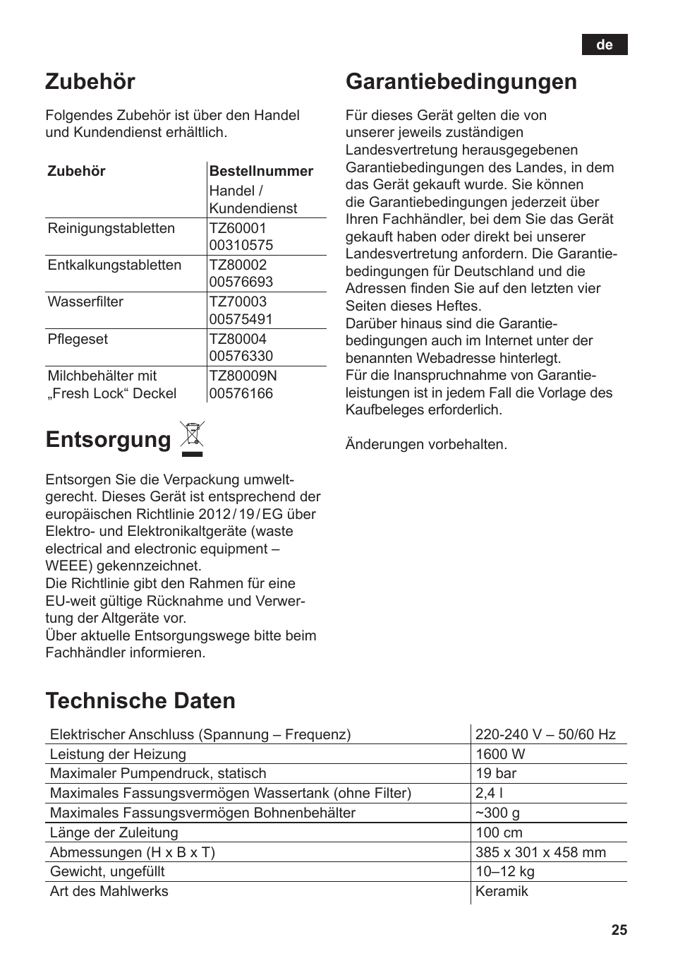 Zubehör, Entsorgung, Garantiebedingungen | Technische daten | Siemens TE806501DE User Manual | Page 29 / 116