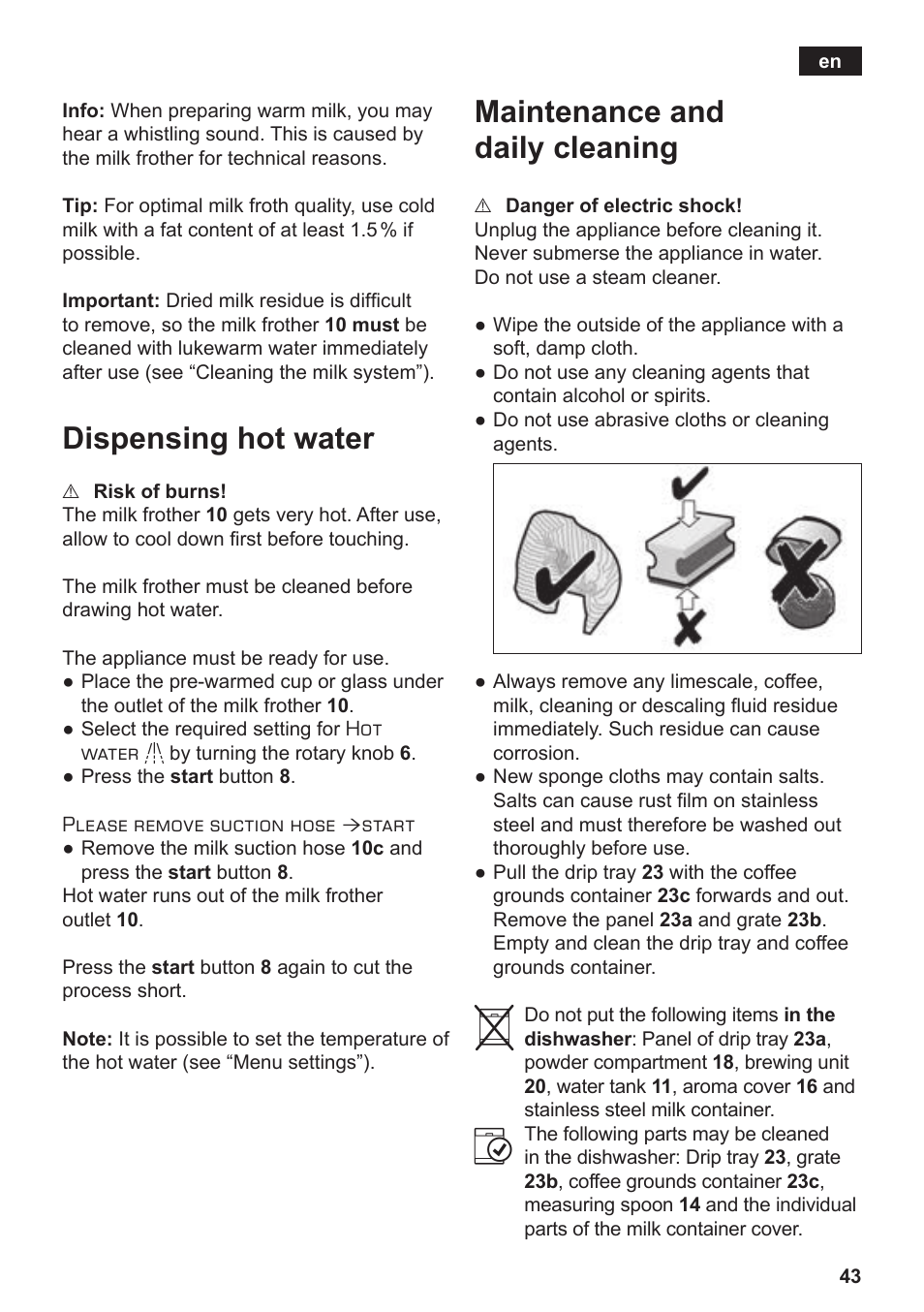 Dispensing hot water, Maintenance and daily cleaning | Siemens TE806501DE User Manual | Page 47 / 116