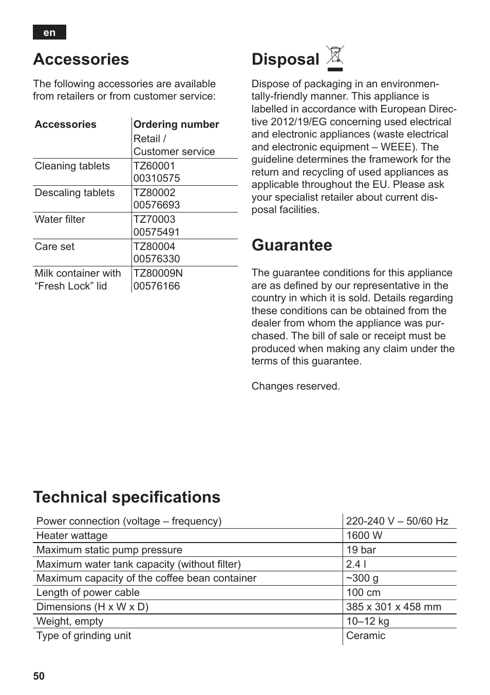 Accessories, Technical specifications, Disposal | Guarantee | Siemens TE806501DE User Manual | Page 54 / 116