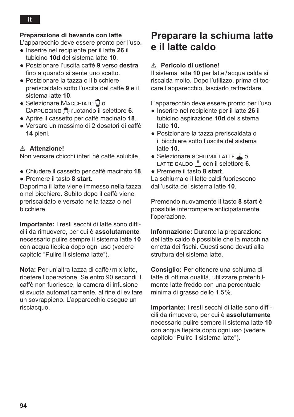 Preparare la schiuma latte e il latte caldo | Siemens TE806501DE User Manual | Page 98 / 116