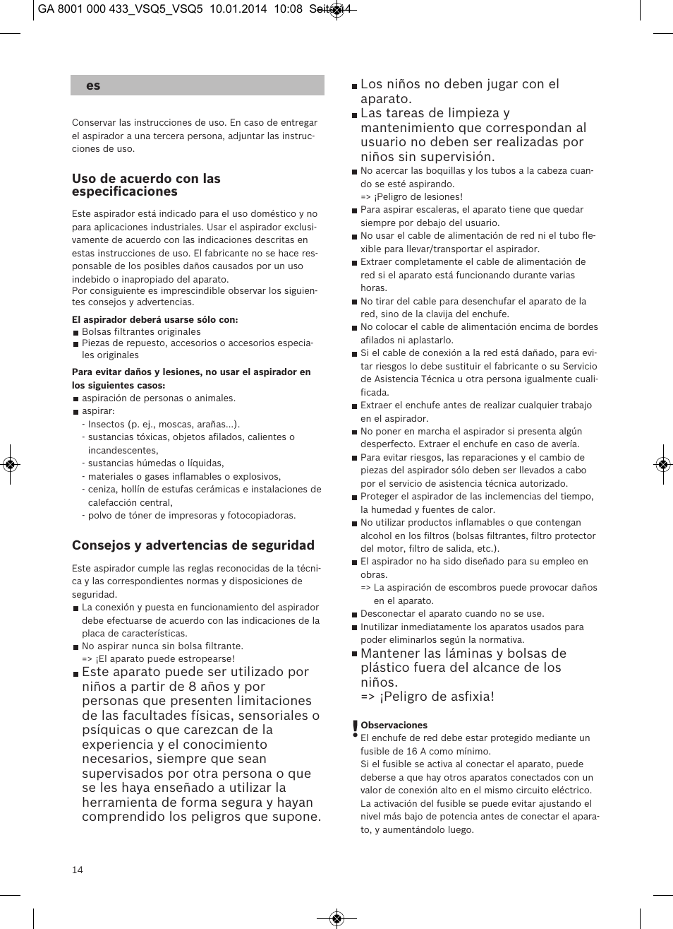 Uso de acuerdo con las especiﬁcaciones, Consejos y advertencias de seguridad | Siemens VSQ5X12M1 User Manual | Page 15 / 96