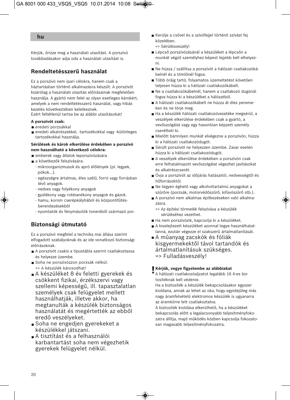 Rendeltetésszerű használat, Biztonsági útmutató | Siemens VSQ5X12M1 User Manual | Page 21 / 96