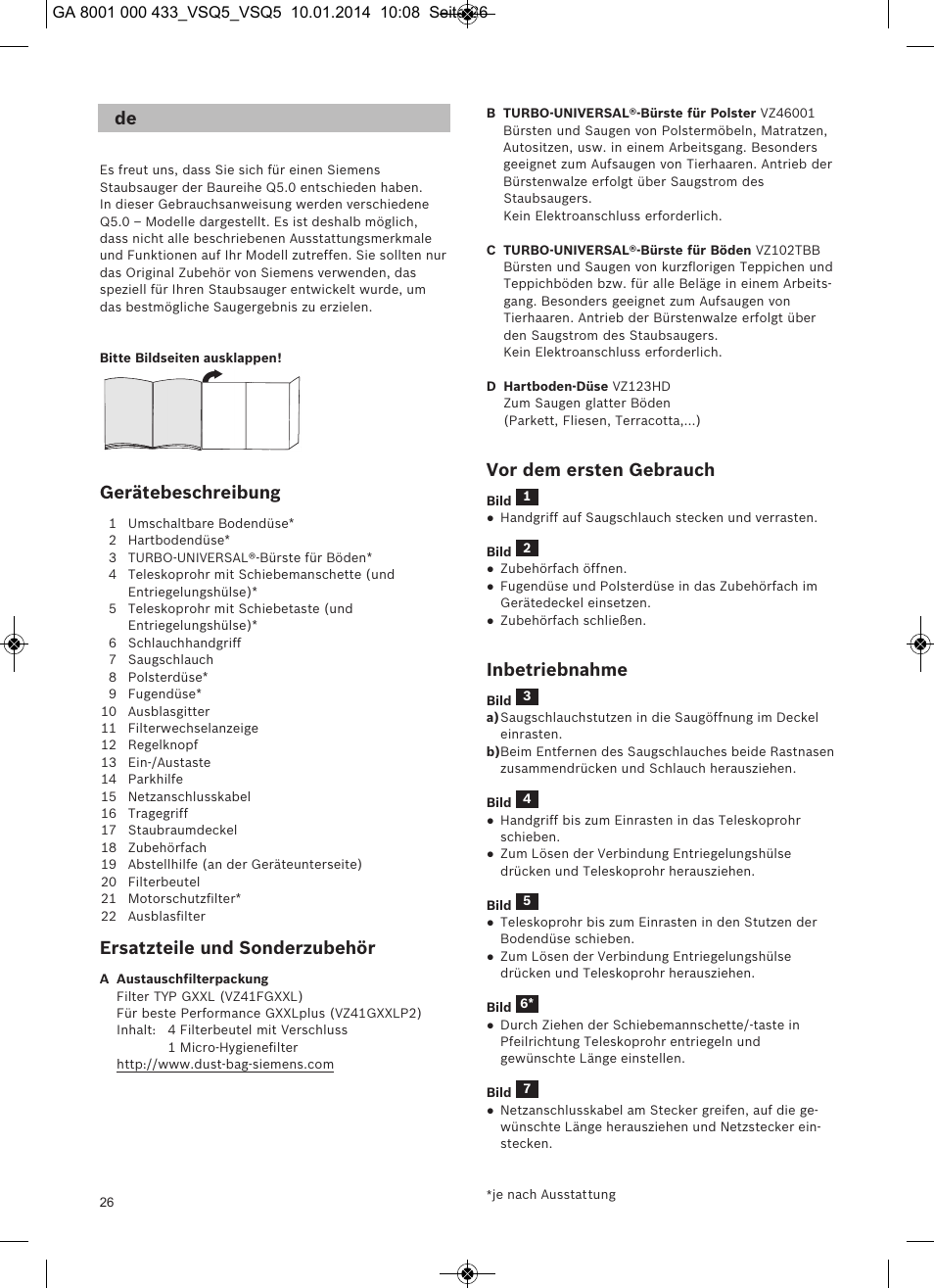 Gerätebeschreibung, Ersatzteile und sonderzubehör, Vor dem ersten gebrauch | Inbetriebnahme | Siemens VSQ5X12M1 User Manual | Page 27 / 96