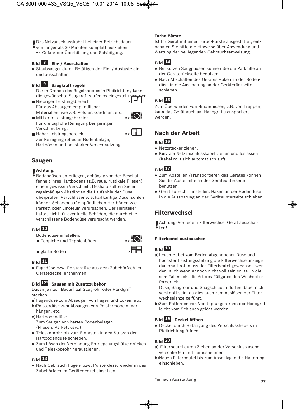 Nach der arbeit, Filterwechsel, Saugen | Siemens VSQ5X12M1 User Manual | Page 28 / 96