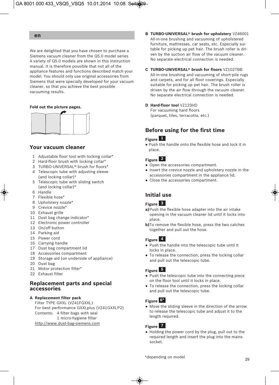 Your vacuum cleaner, Replacement parts and special accessories, Before using for the ﬁrst time | Initial use | Siemens VSQ5X12M1 User Manual | Page 30 / 96