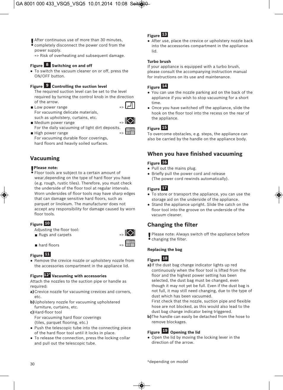 Vacuuming, When you have ﬁnished vacuuming, Changing the ﬁlter | Siemens VSQ5X12M1 User Manual | Page 31 / 96