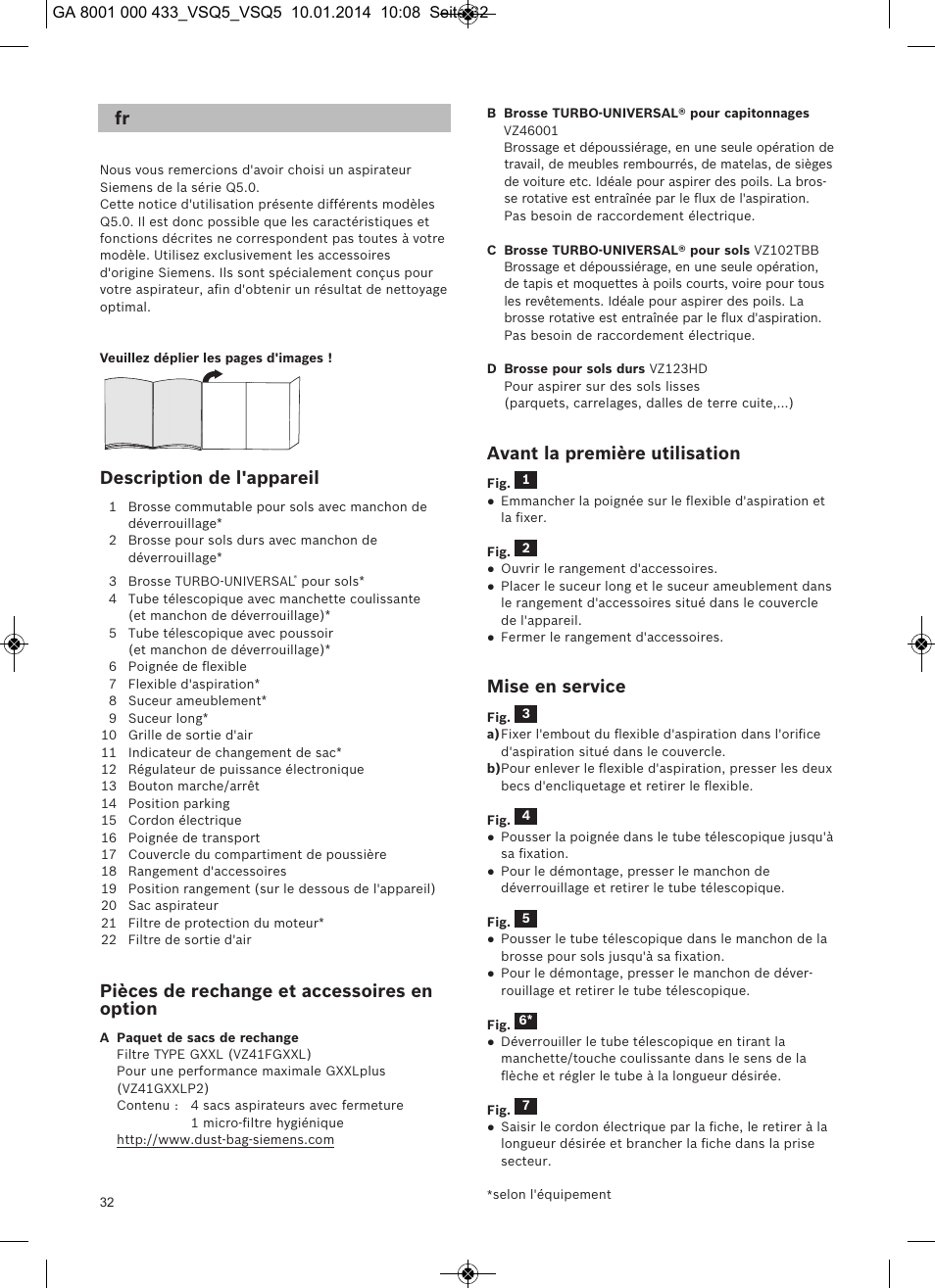 Description de l'appareil, Pièces de rechange et accessoires en option, Avant la première utilisation | Mise en service | Siemens VSQ5X12M1 User Manual | Page 33 / 96