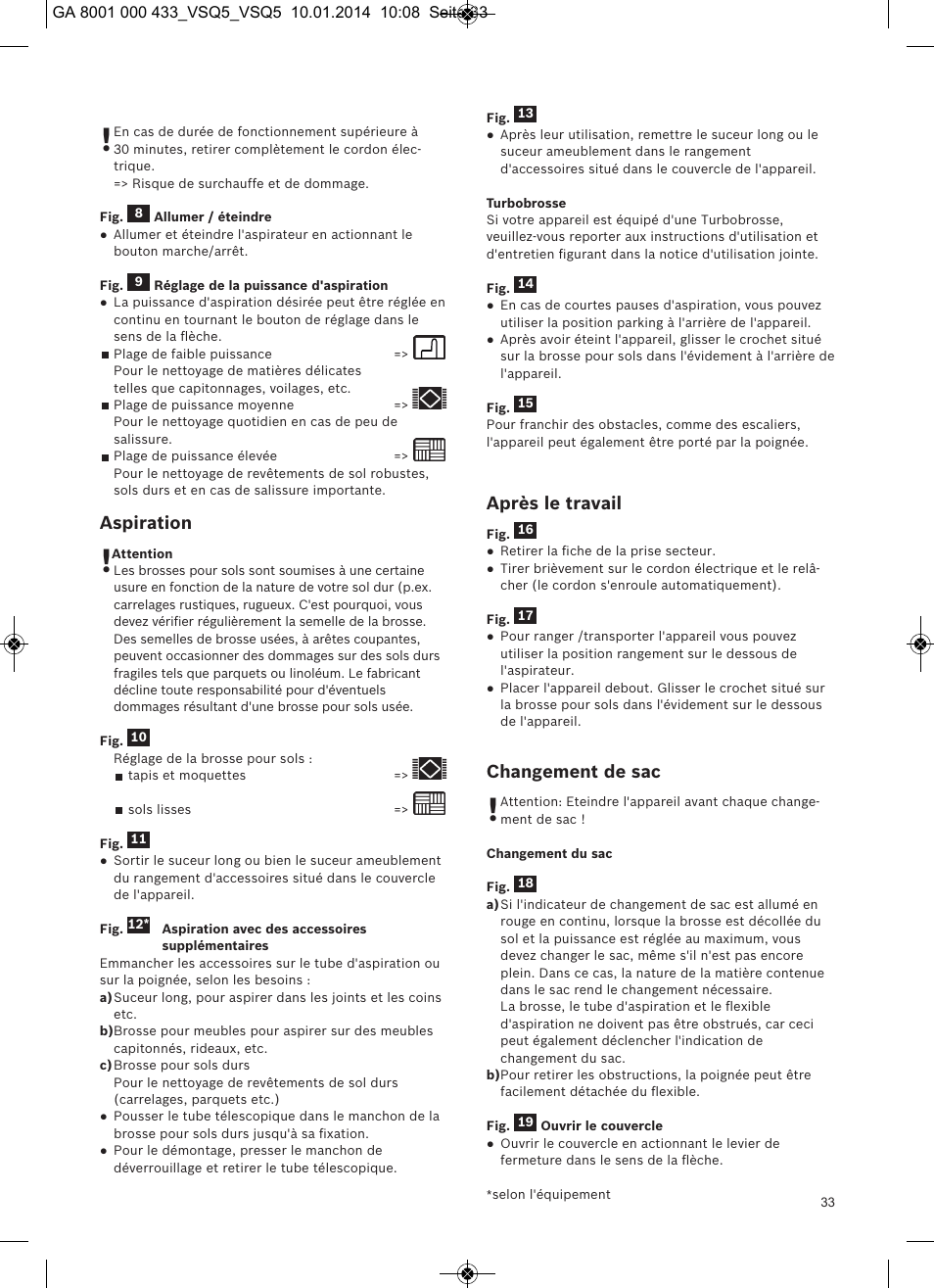 Aspiration, Après le travail, Changement de sac | Siemens VSQ5X12M1 User Manual | Page 34 / 96