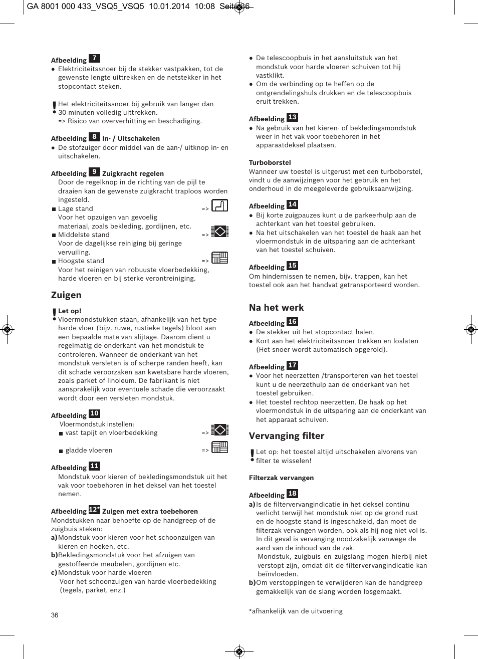 Zuigen, Na het werk, Vervanging ﬁlter | Siemens VSQ5X12M1 User Manual | Page 37 / 96