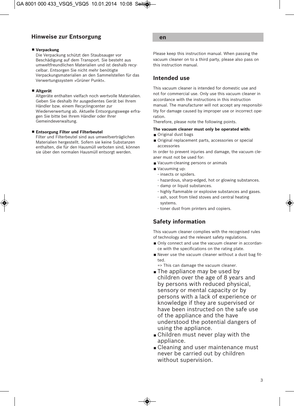 Hinweise zur entsorgung, Intended use, Safety information | Siemens VSQ5X12M1 User Manual | Page 4 / 96