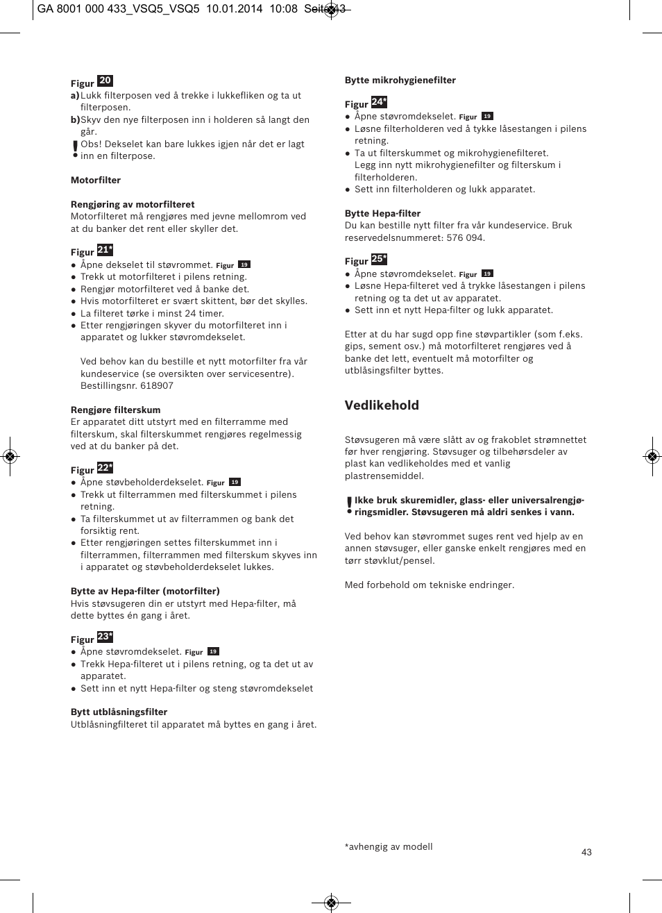 Vedlikehold | Siemens VSQ5X12M1 User Manual | Page 44 / 96