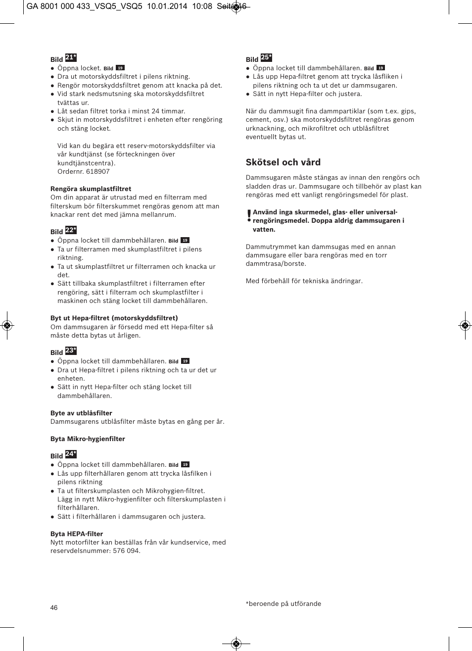 Skötsel och vård | Siemens VSQ5X12M1 User Manual | Page 47 / 96