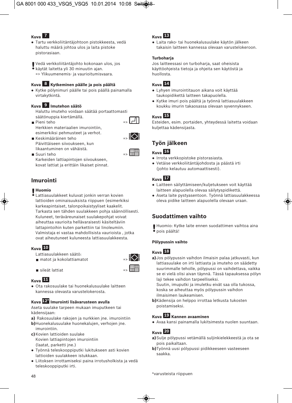 Imurointi, Työn jälkeen, Suodattimen vaihto | Siemens VSQ5X12M1 User Manual | Page 49 / 96