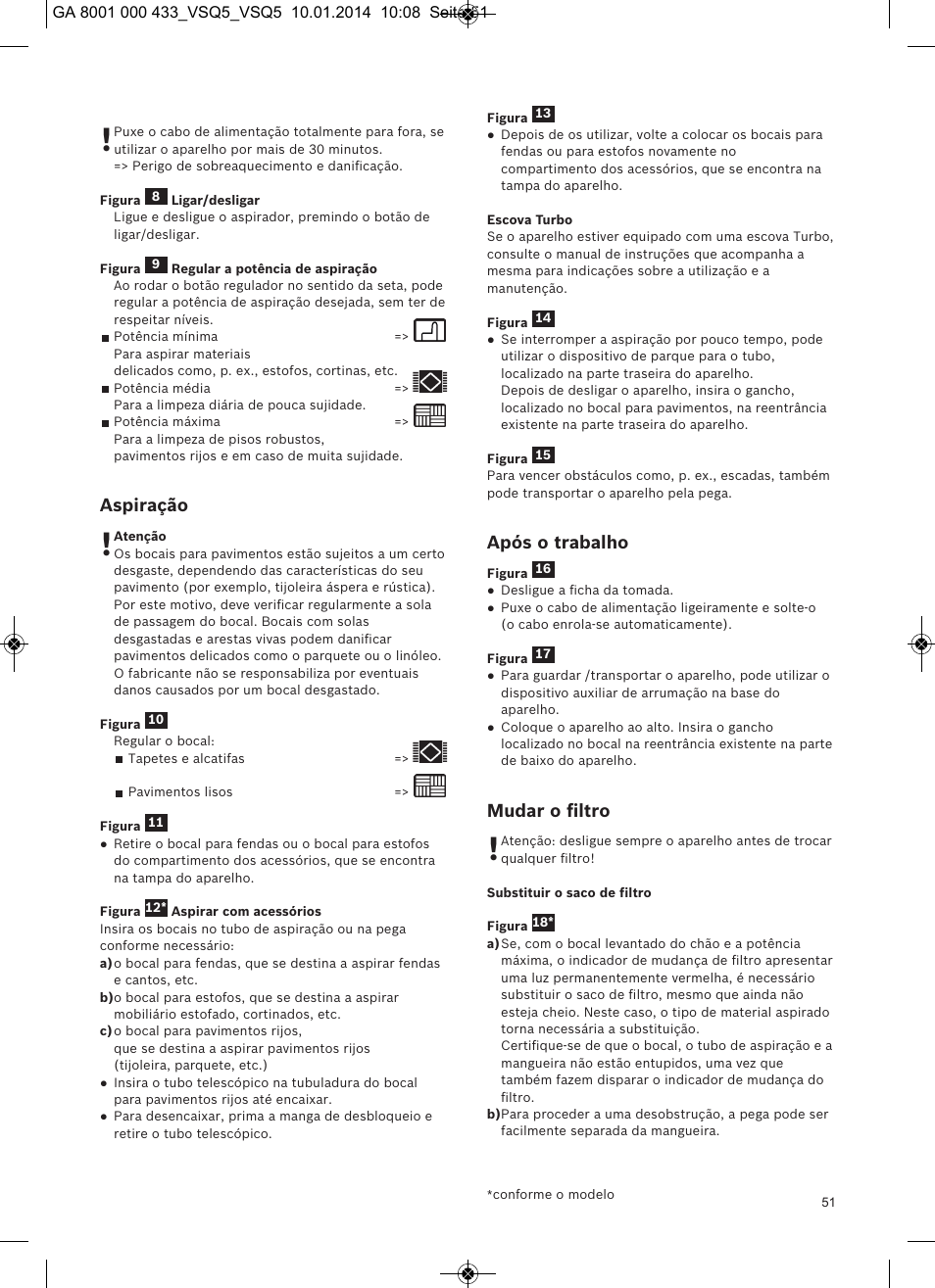 Aspiração, Após o trabalho, Mudar o ﬁltro | Siemens VSQ5X12M1 User Manual | Page 52 / 96