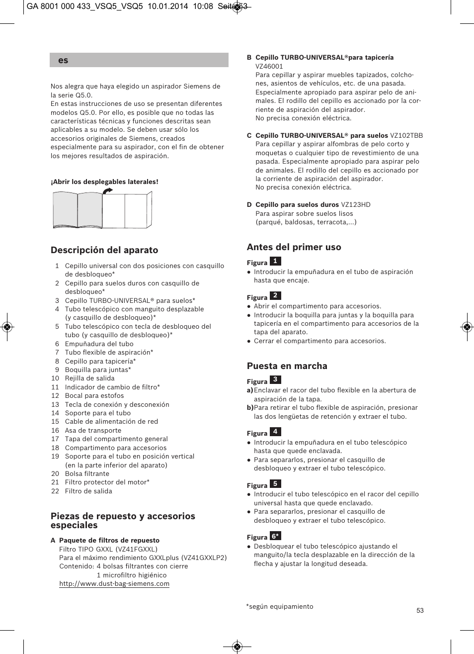 Descripción del aparato, Piezas de repuesto y accesorios especiales, Antes del primer uso | Puesta en marcha | Siemens VSQ5X12M1 User Manual | Page 54 / 96