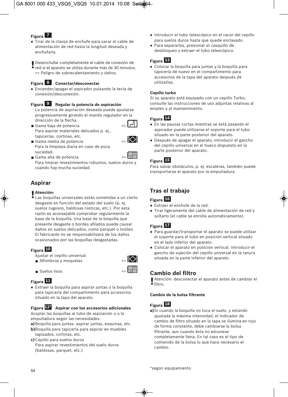 Aspirar, Tras el trabajo, Cambio del ﬁltro | Siemens VSQ5X12M1 User Manual | Page 55 / 96