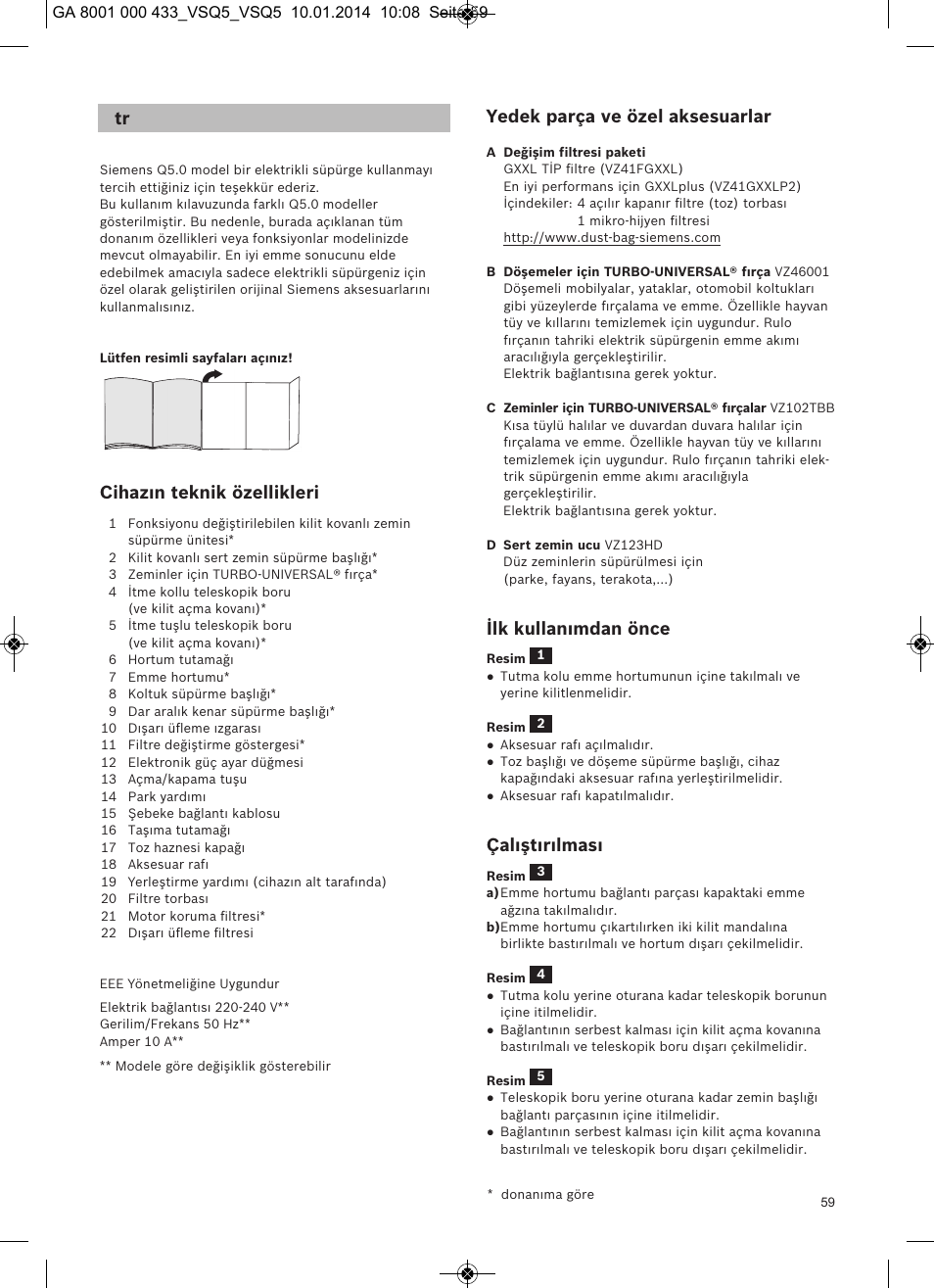 Cihazın teknik özellikleri, Yedek parça ve özel aksesuarlar, Ilk kullanımdan önce | Çalıştırılması | Siemens VSQ5X12M1 User Manual | Page 60 / 96