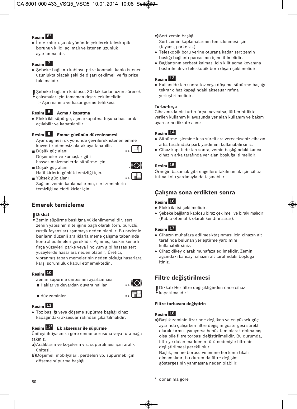 Emerek temizleme, Çalışma sona erdikten sonra, Filtre değiştirilmesi | Siemens VSQ5X12M1 User Manual | Page 61 / 96