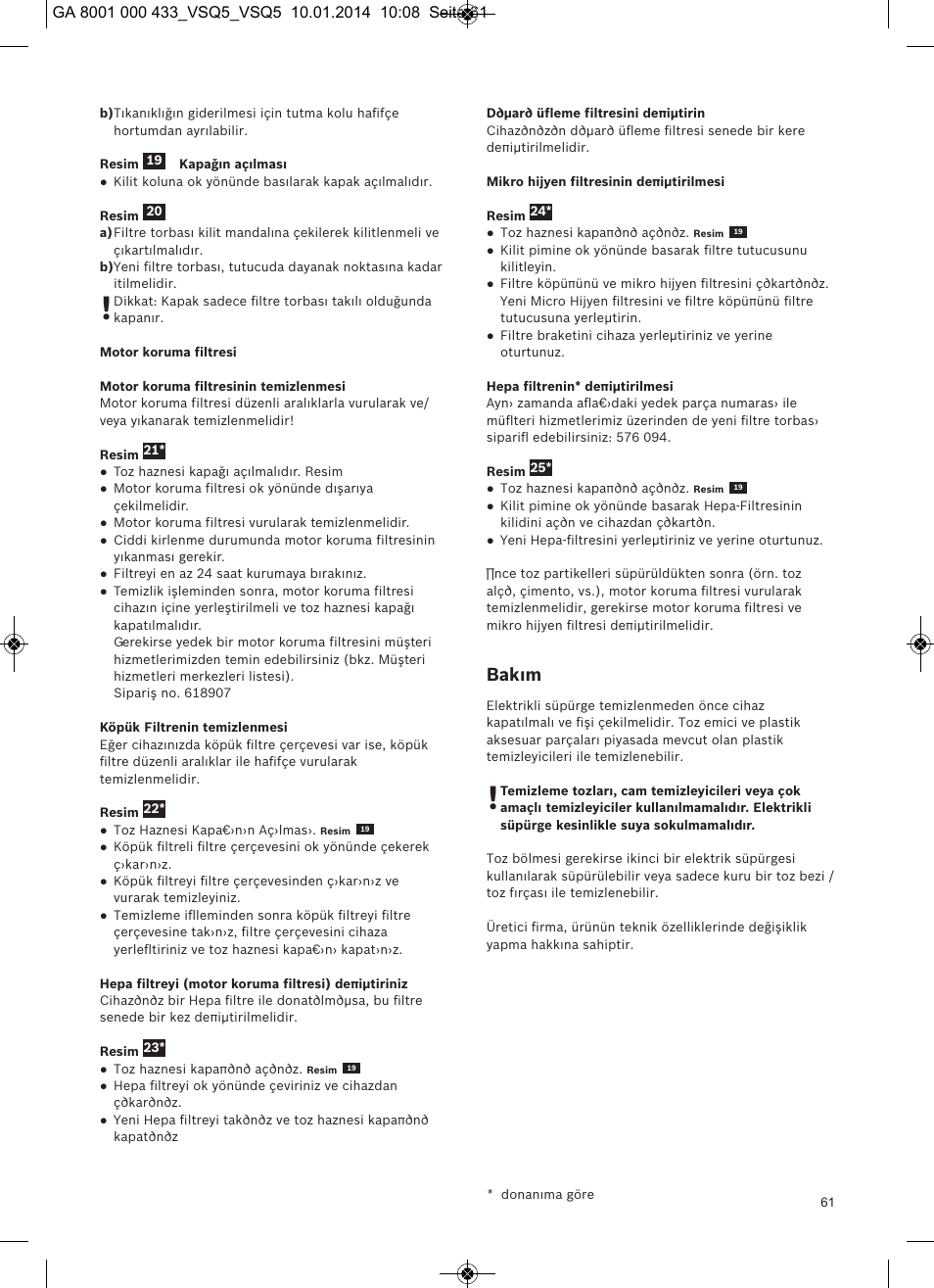 Bakım | Siemens VSQ5X12M1 User Manual | Page 62 / 96