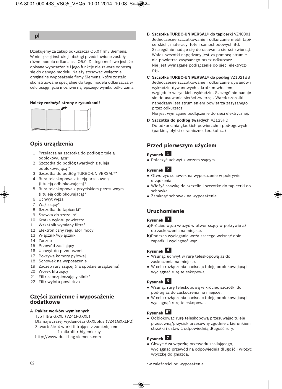 Opis urządzenia, Części zamienne i wyposażenie dodatkowe, Przed pierwszym użyciem | Uruchomienie | Siemens VSQ5X12M1 User Manual | Page 63 / 96