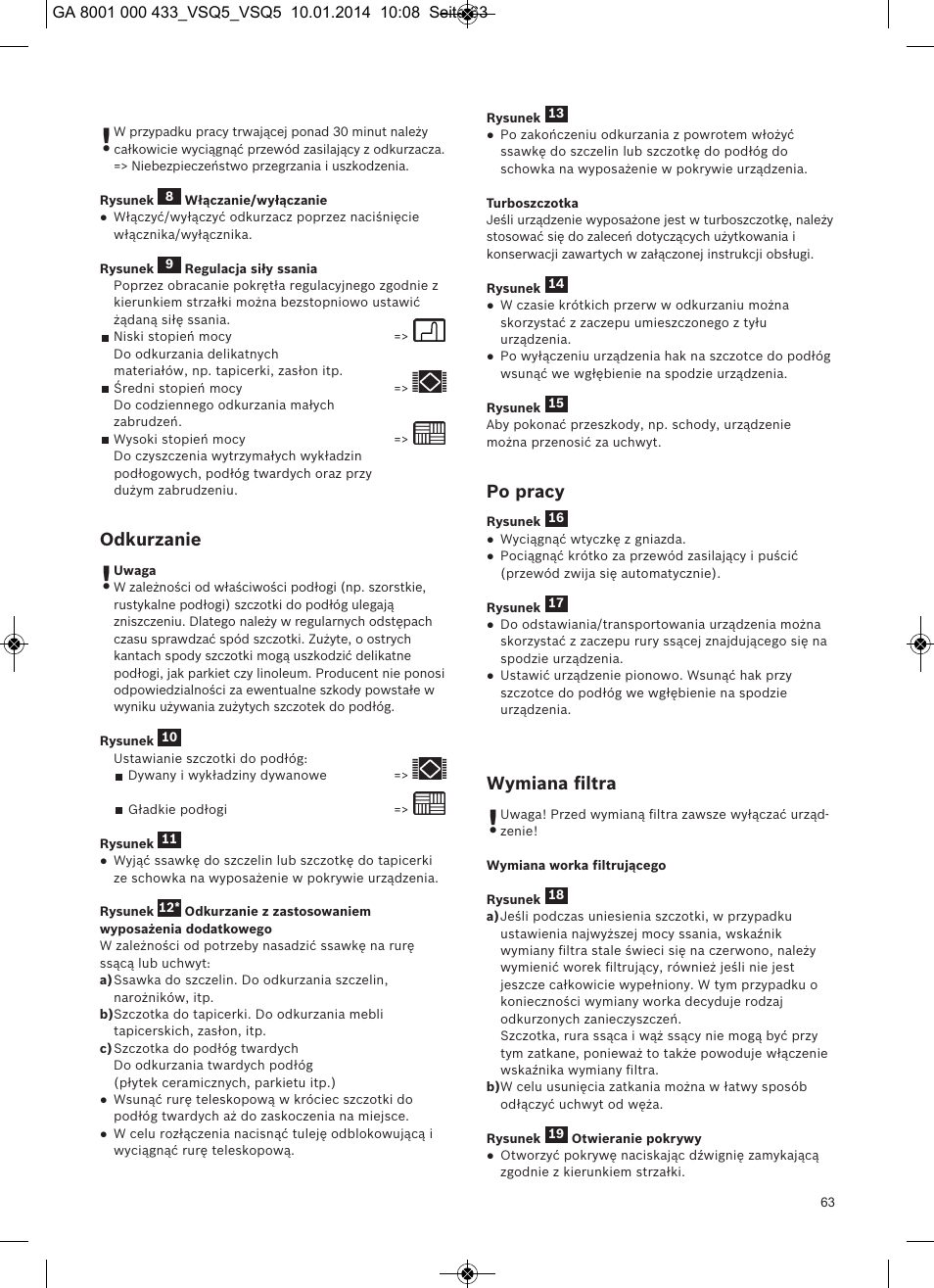 Odkurzanie, Po pracy, Wymiana ﬁltra | Siemens VSQ5X12M1 User Manual | Page 64 / 96
