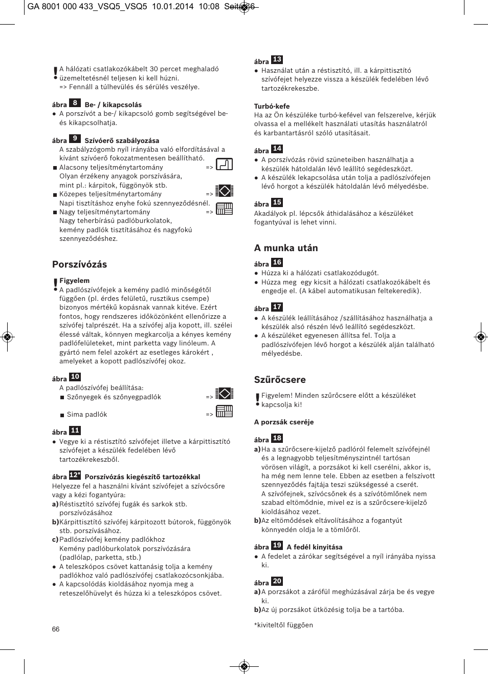 Porszívózás, A munka után, Szűrőcsere | Siemens VSQ5X12M1 User Manual | Page 67 / 96