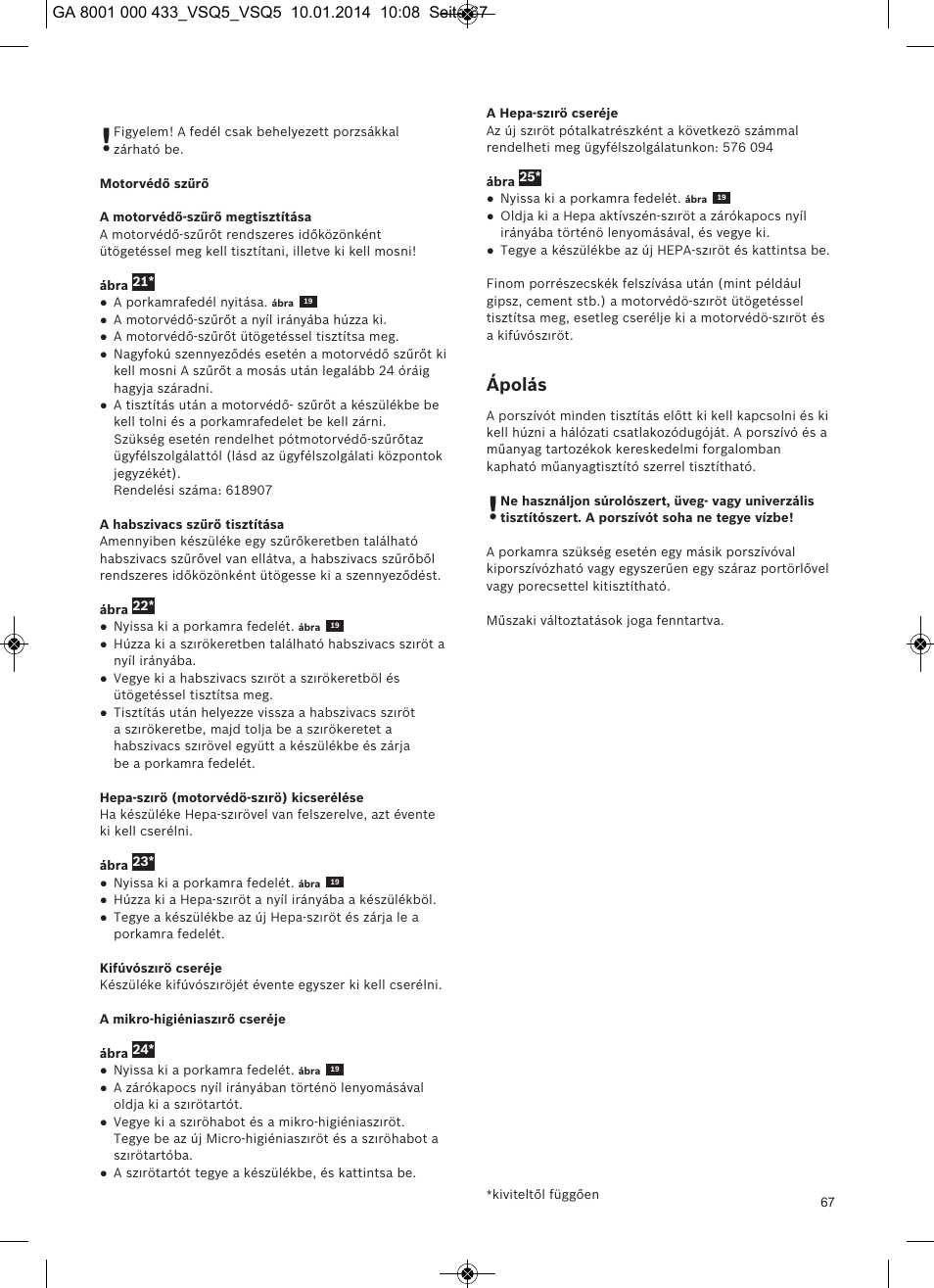 Ápolás | Siemens VSQ5X12M1 User Manual | Page 68 / 96