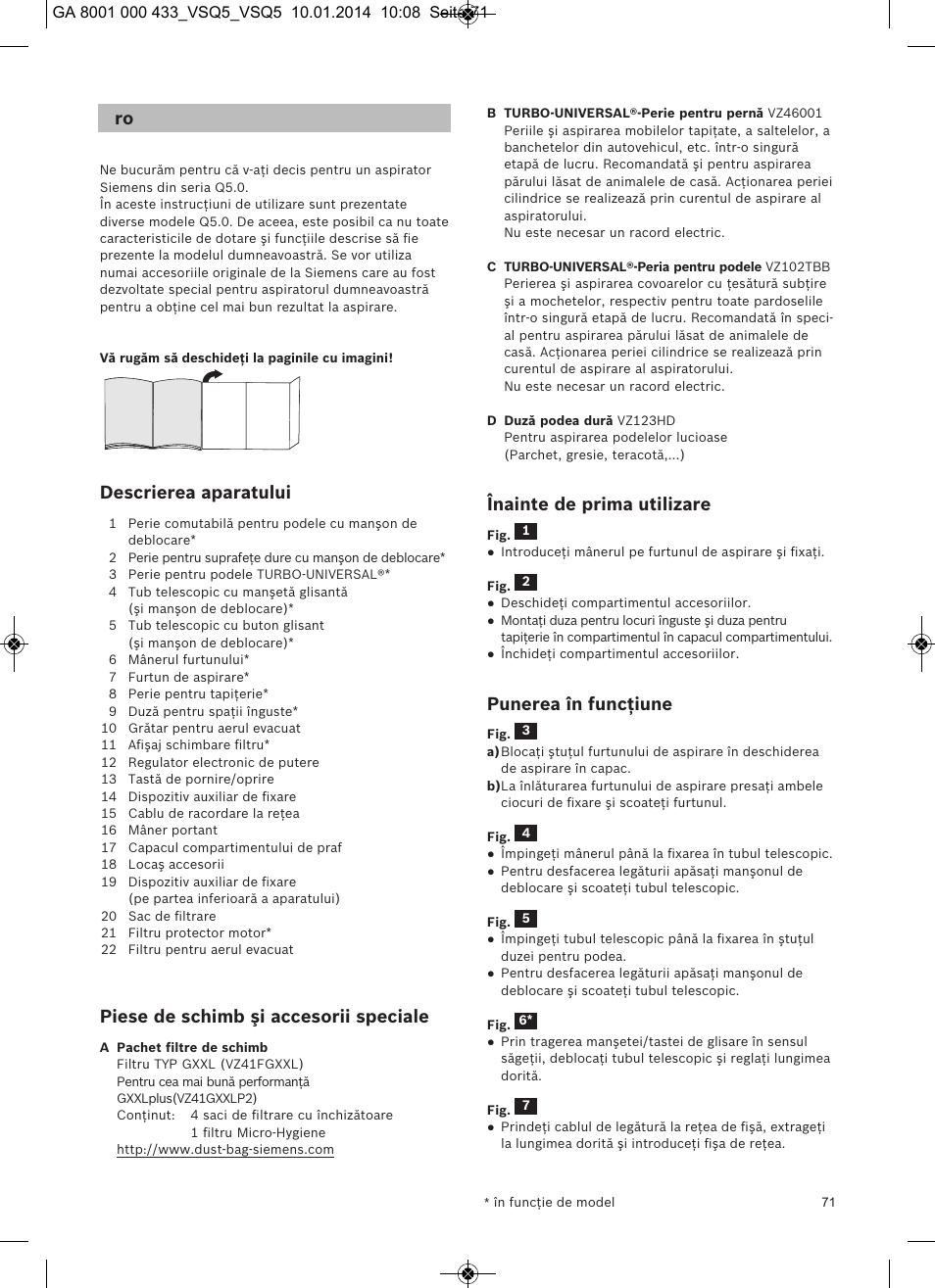 Descrierea aparatului, Piese de schimb şi accesorii speciale, Înainte de prima utilizare | Punerea în funcţiune | Siemens VSQ5X12M1 User Manual | Page 72 / 96