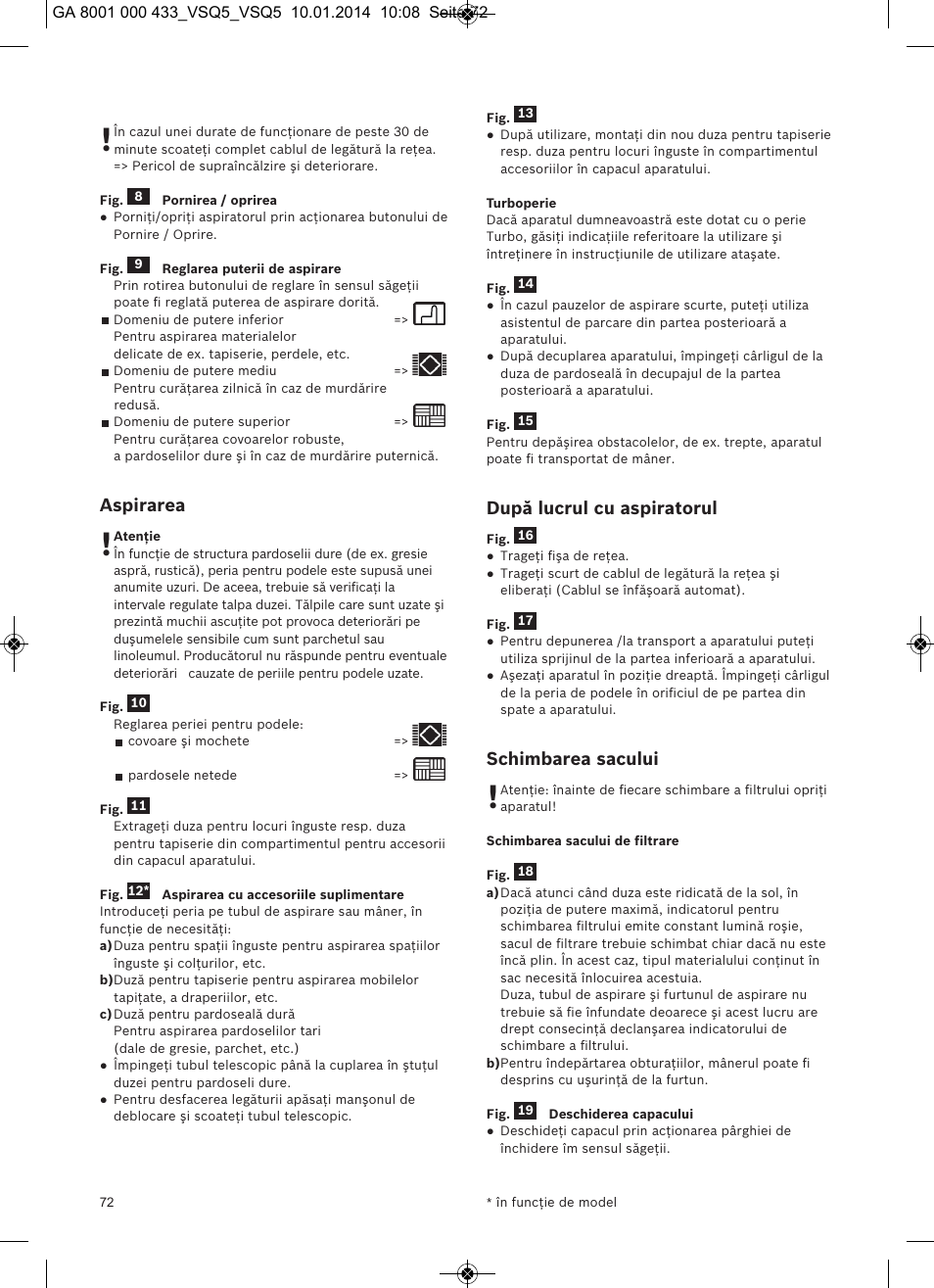 Aspirarea, După lucrul cu aspiratorul, Schimbarea sacului | Siemens VSQ5X12M1 User Manual | Page 73 / 96