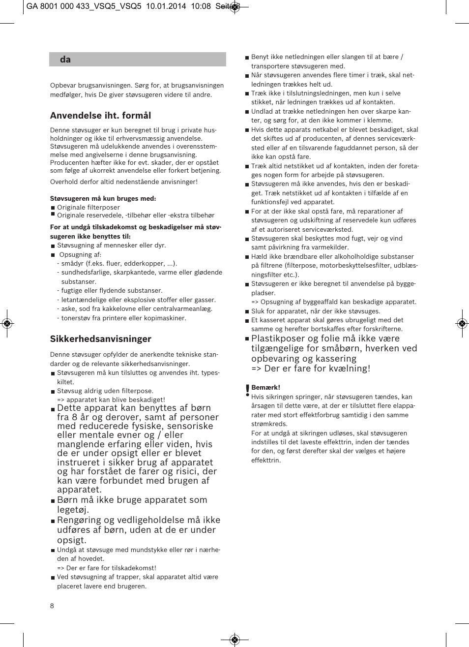 Anvendelse iht. formål, Sikkerhedsanvisninger | Siemens VSQ5X12M1 User Manual | Page 9 / 96