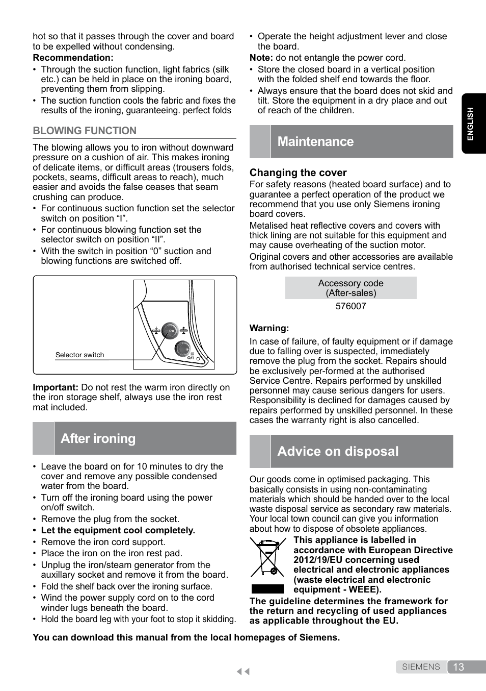 Blowing function, After ironing, Maintenance | Advice on disposal | Siemens TN20350 User Manual | Page 13 / 100