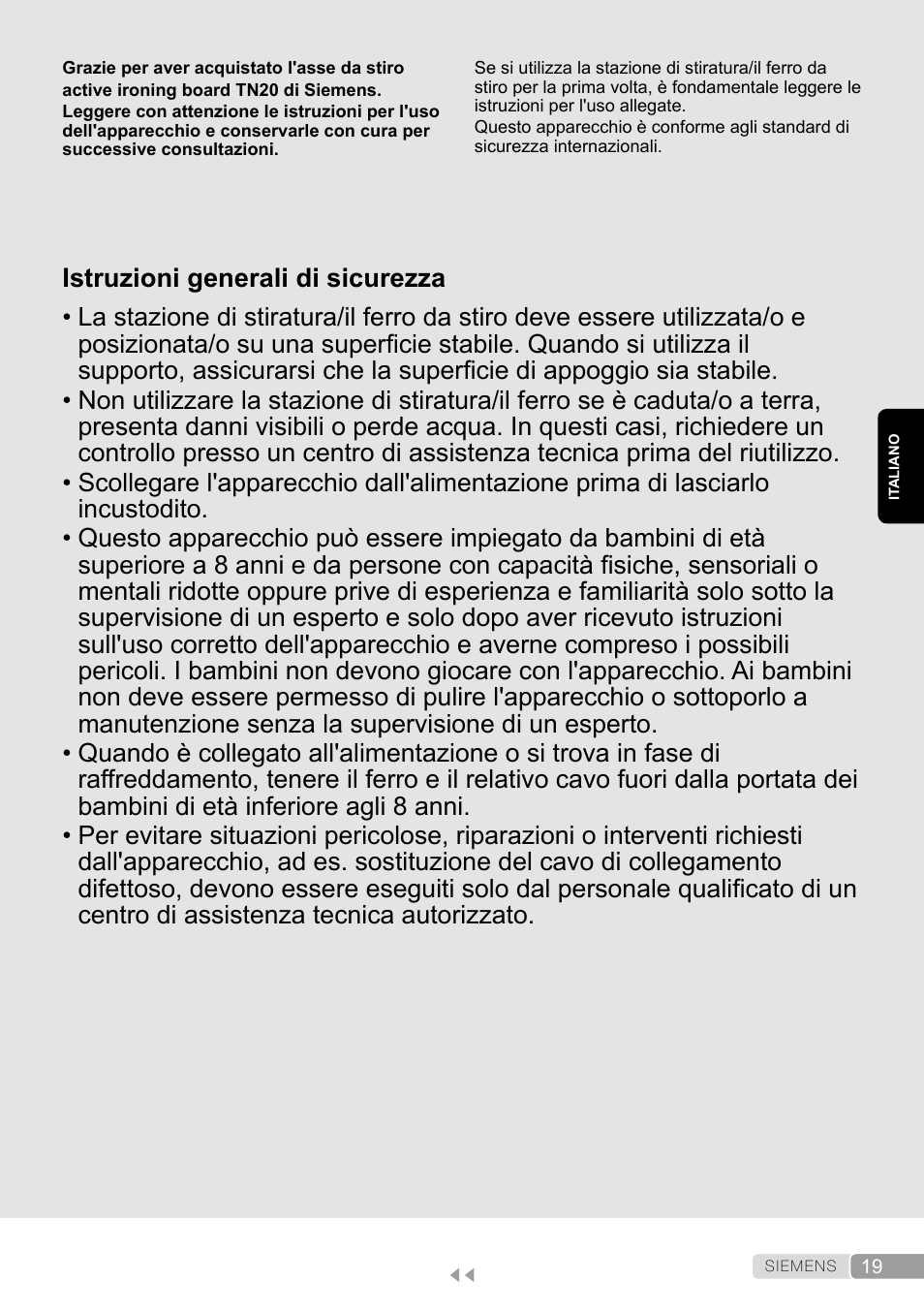 Italiano, Istruzioni generali di sicurezza | Siemens TN20350 User Manual | Page 19 / 100